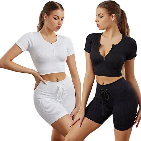 Womens 2 PC Workout Set Seamless Ribbed Half Zip Crop Top & High Waisted Shorts - Picture 1 of 10